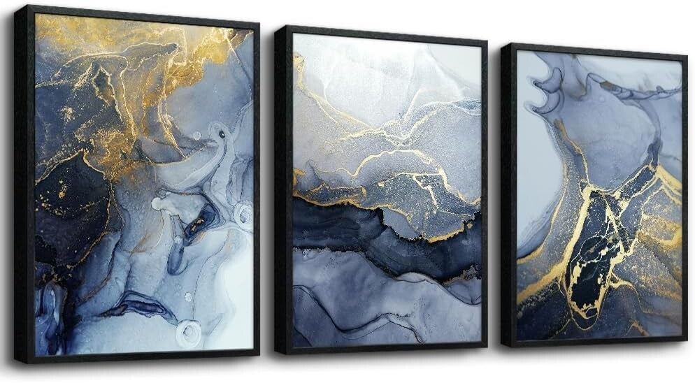 Eye-Catching 3 Panel Abstract Ink Painting – Black Framed Wall Art 20x28 in