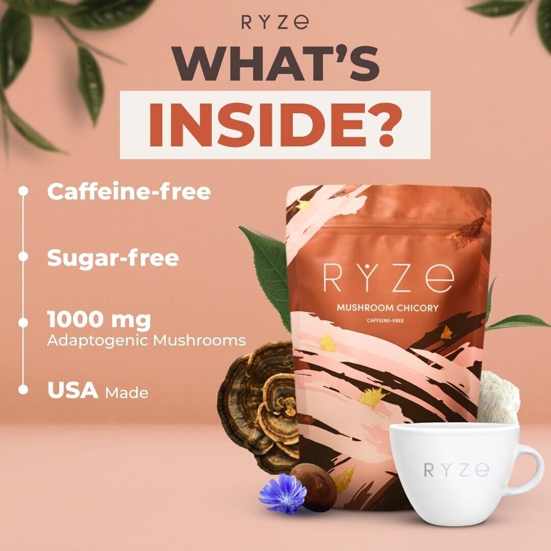 Organic Caffeine-Free RYZE Mushroom Chicory - 6 Adaptogens for Focus & Wellness