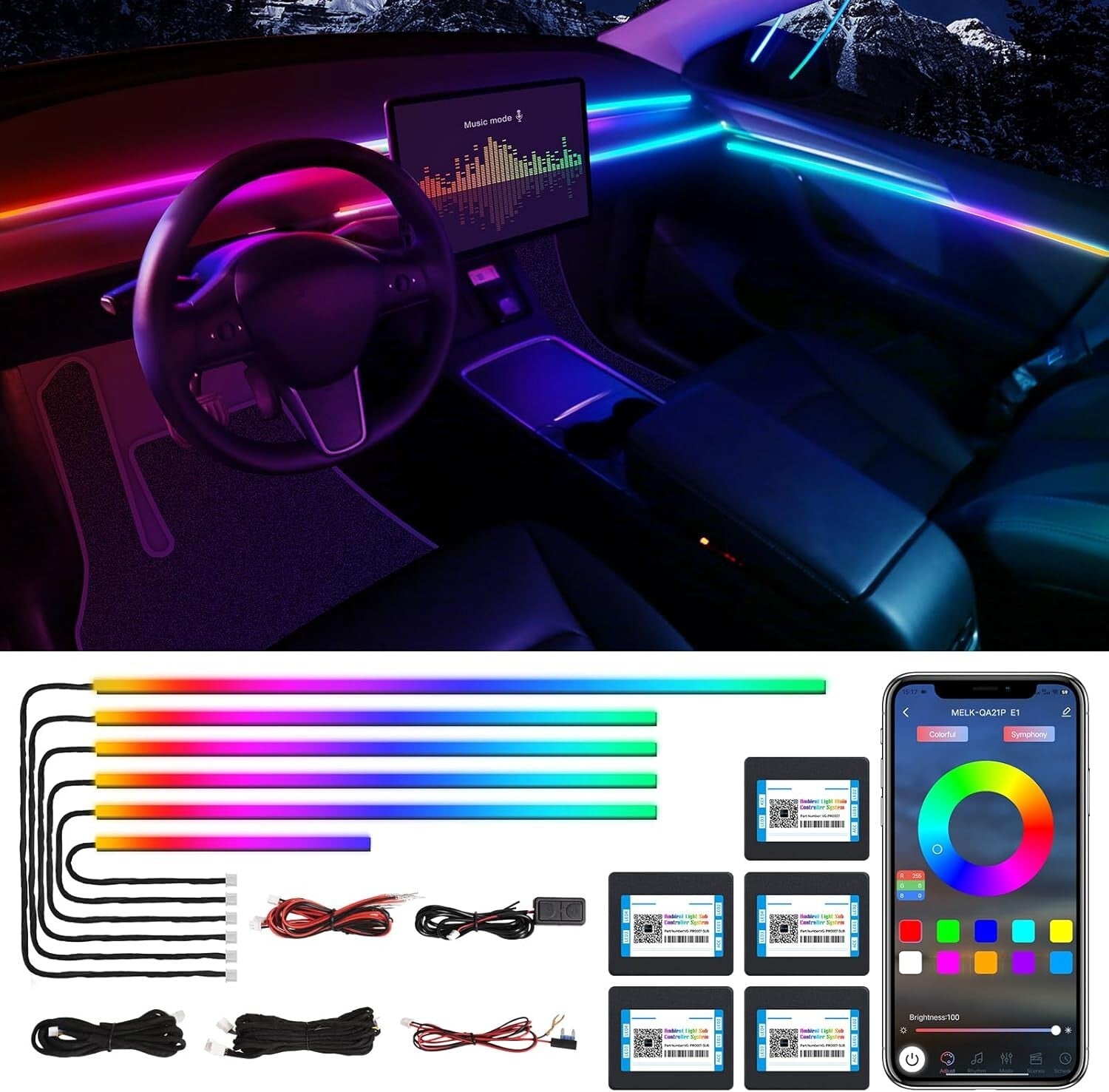 Customizable Car Interior LED Lighting Kit - Wireless APP with 16 Million Colors
