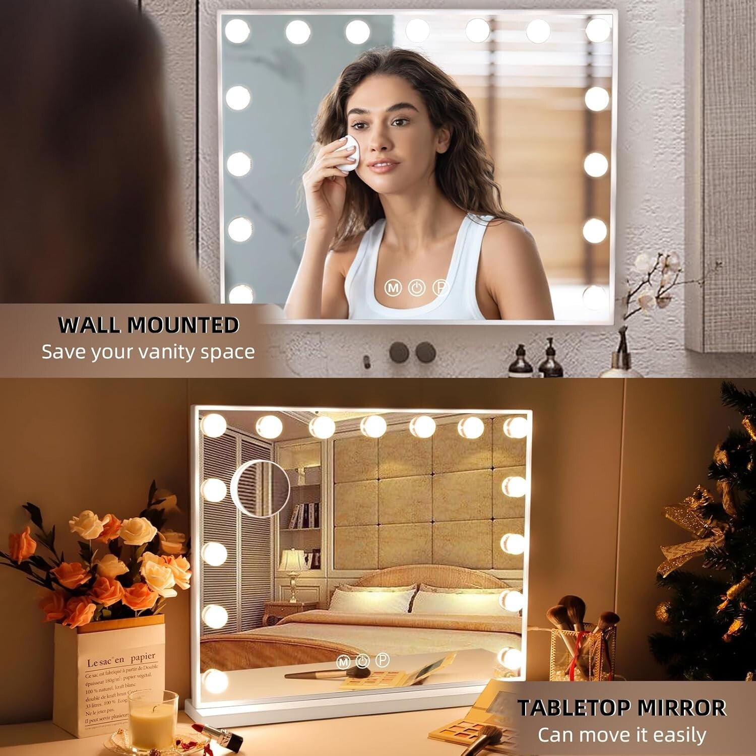 LED Lighted Makeup Mirror 22''x18'' with 10X Magnification & 3 Color Settings