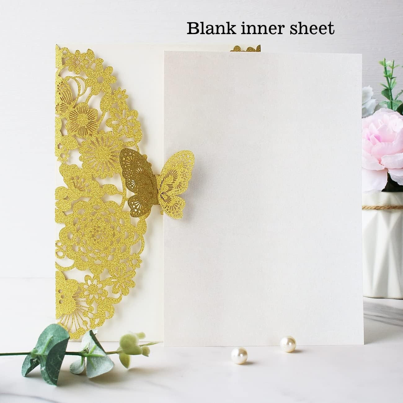 50 PCS Gold Laser Cut Lace Flora Wedding Invitations with Butterfly & Envelopes