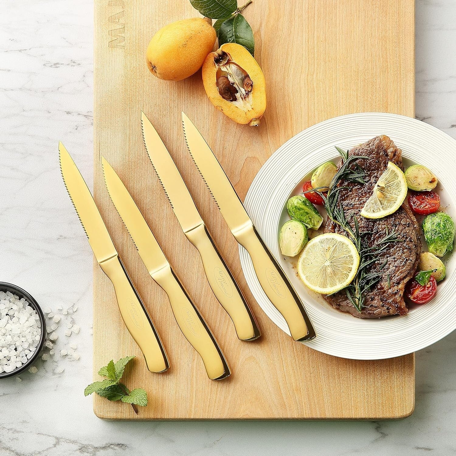 Elegant Gold Knife Set - 14-Piece Titanium Coated Stainless Steel with Block