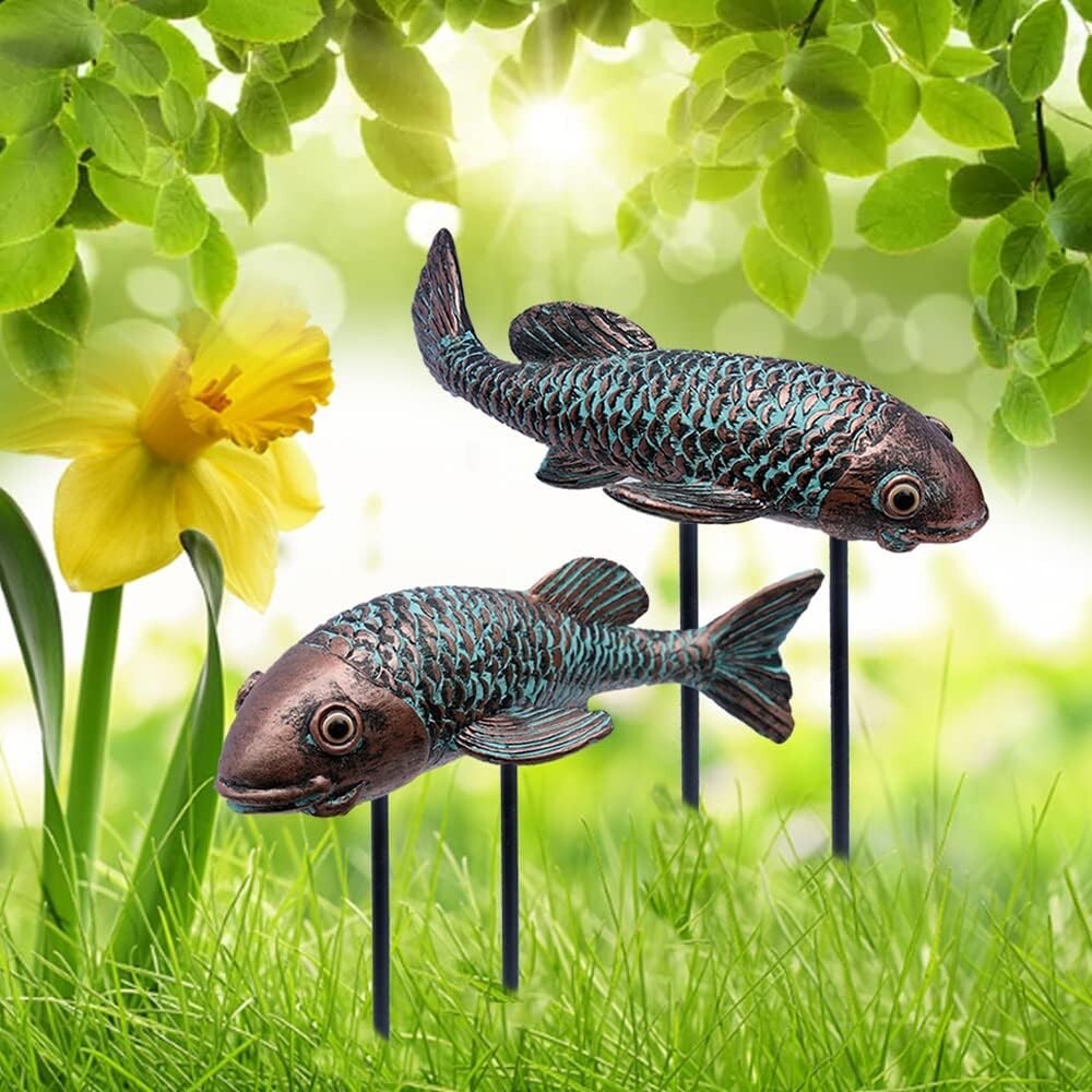 Set of 2 Antique Koi Fish Garden Sculptures - Elegant Resin Statues for Outdoors