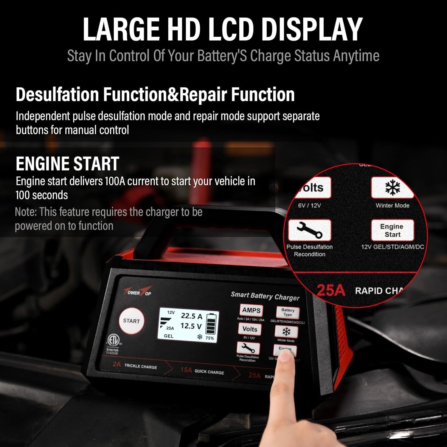 Smart 12V Car Battery Charger: 25A Fast Charging & Maintenance for All Batteries