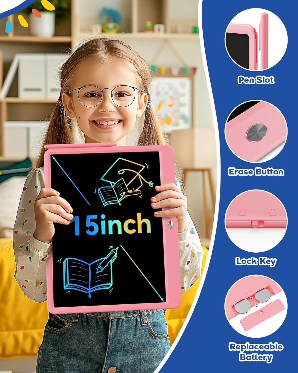 15-Inch LCD Writing Tablet - Eco-Friendly Doodle Pad for Kids, Lightweight Pink