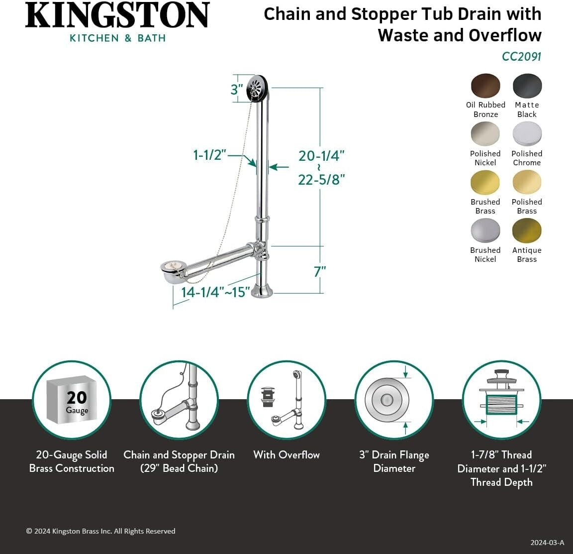 Durable 27" Oil Rubbed Bronze Bath Drain with Chain Plug for Clawfoot Tubs