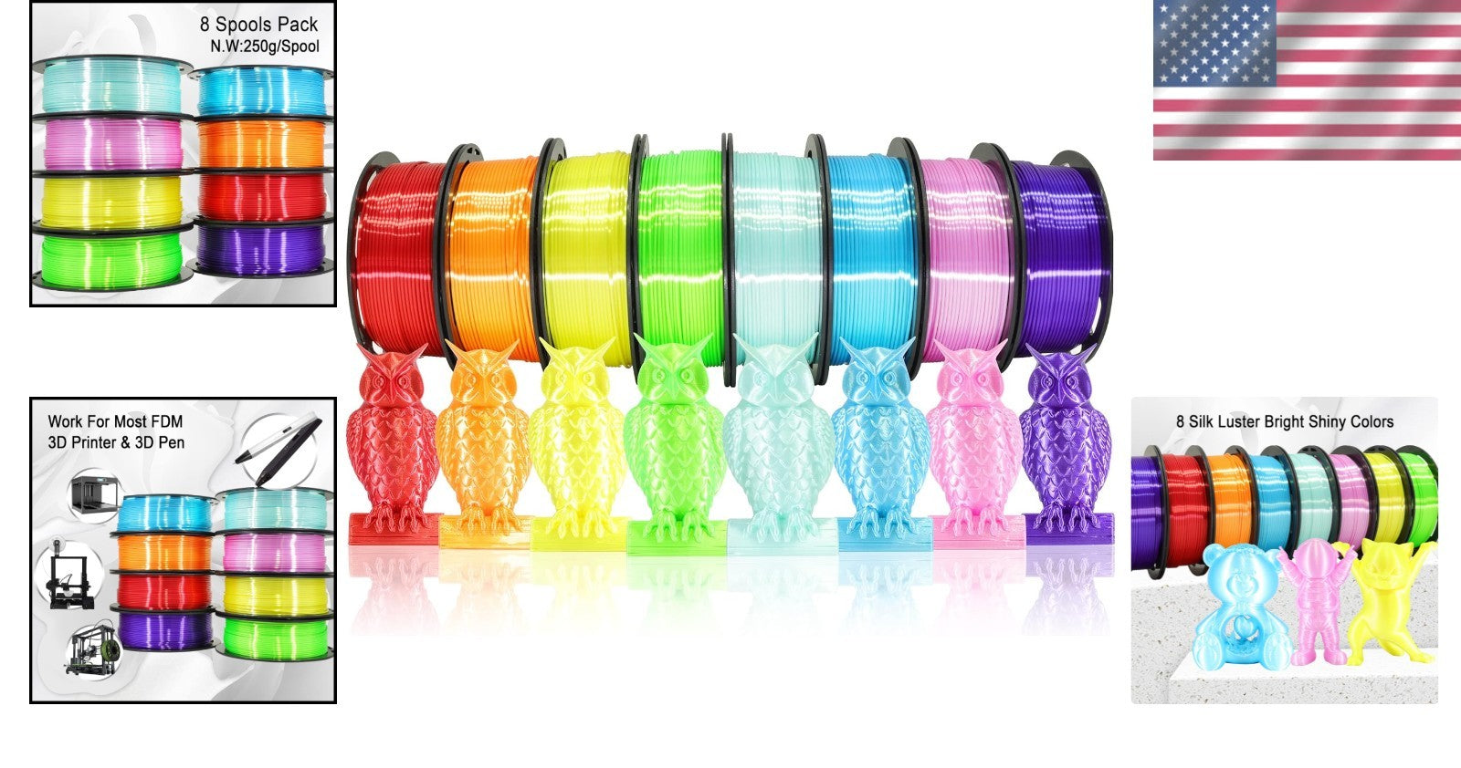 High Quality 1.75mm PLA Filament Bundle - 8 Silk Colors, 250g Each for 3D Print