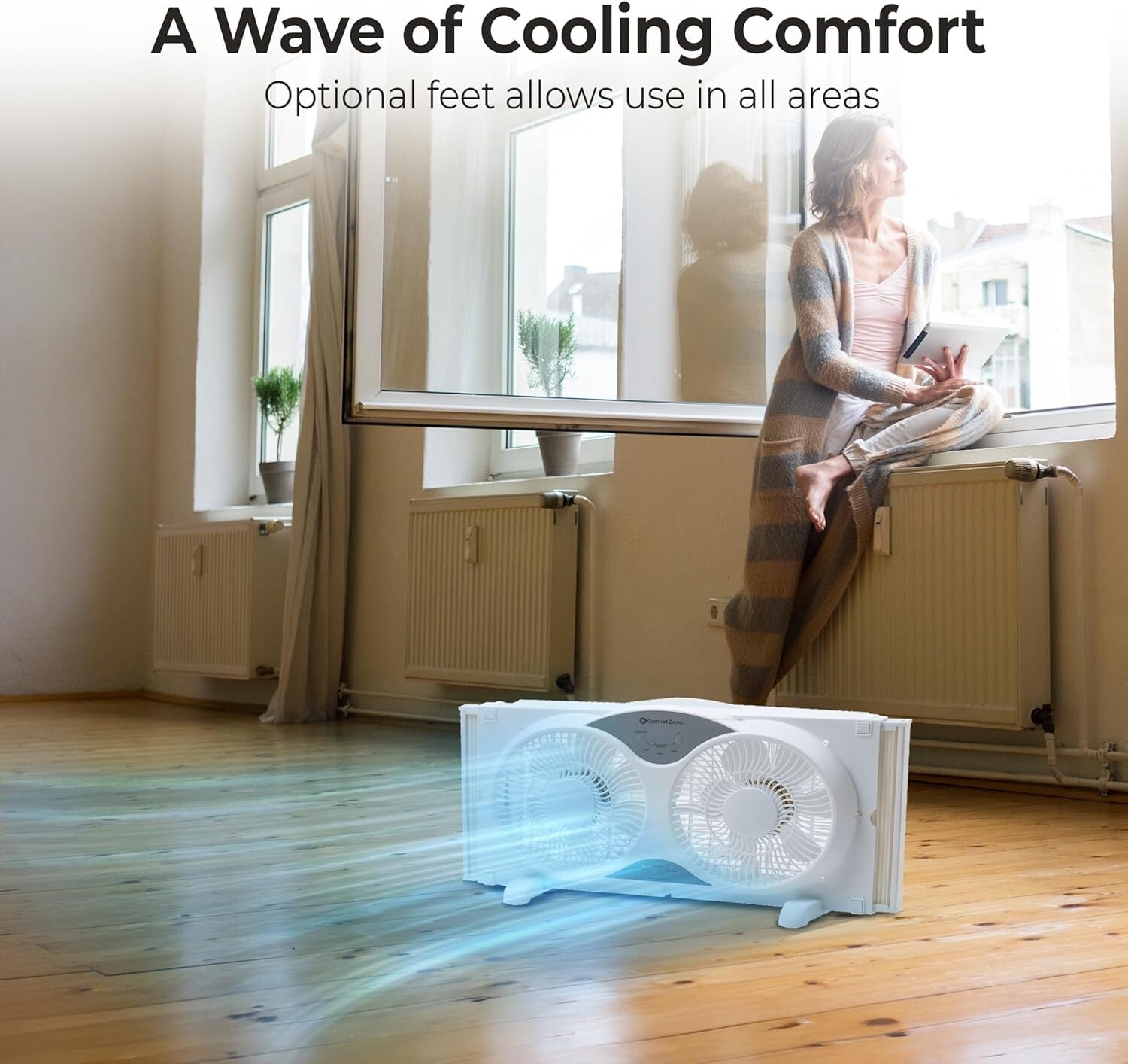 Elegant 9-Inch Window Fan with Auto-Locking Expanders and Remote Convenience