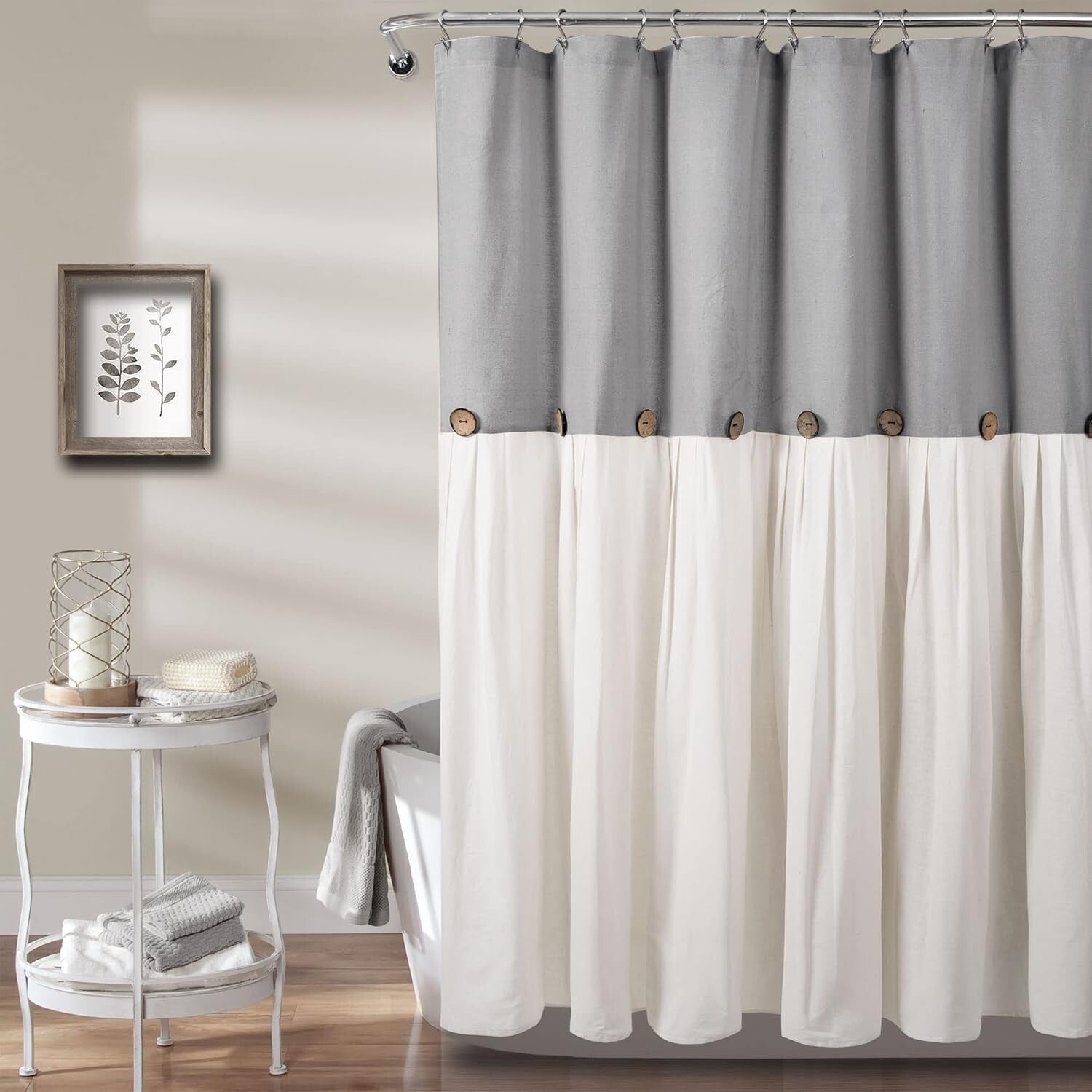 Elegant Farmhouse Shower Curtain 72" W x 78" L - Pleated Design with Buttons