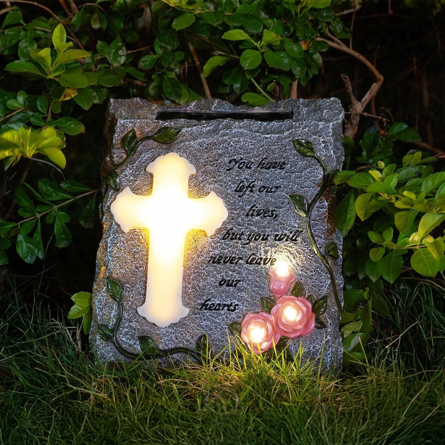 Elegant Solar-Powered Memorial Stepping Stone with Cross and Floral Carvings