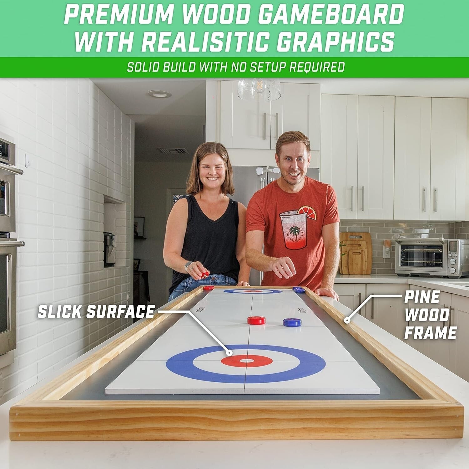 72-Inch Shuffleboard and Curling Board Combo - Durable Pine Wood Fun for All