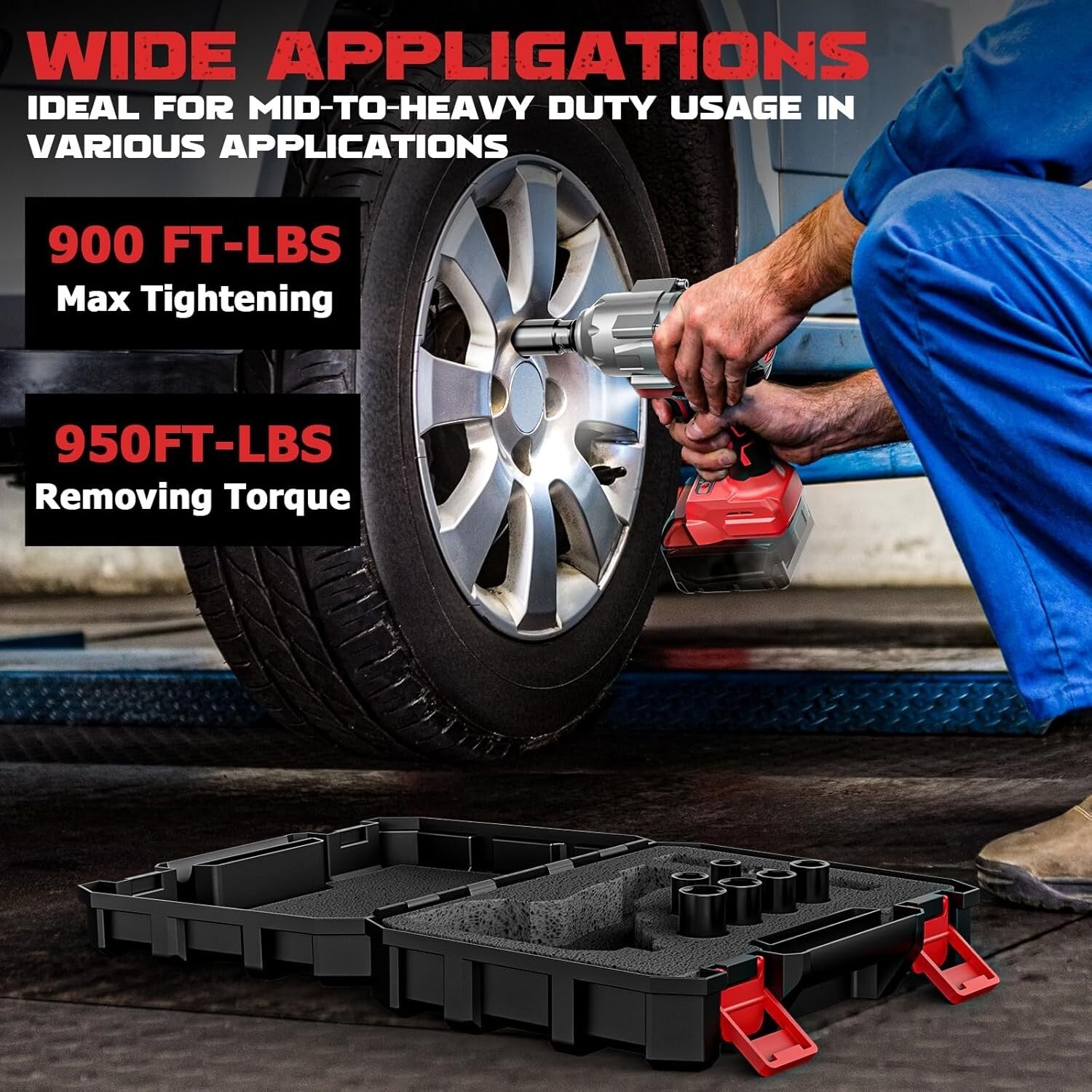 Brushless 1/2 Inch 900 ft-lbs Impact Gun - Complete Set with 6 Sockets & Light