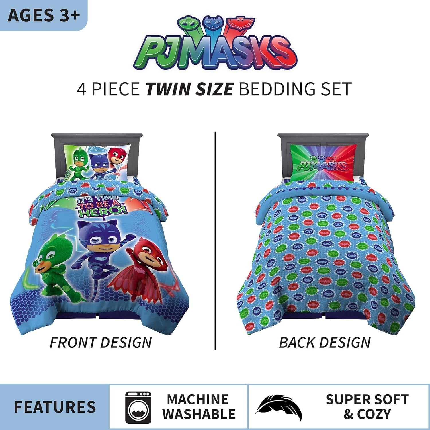 Twin Size PJ Masks Reversible Comforter and Sheet Set - 4 Piece Adventure Set