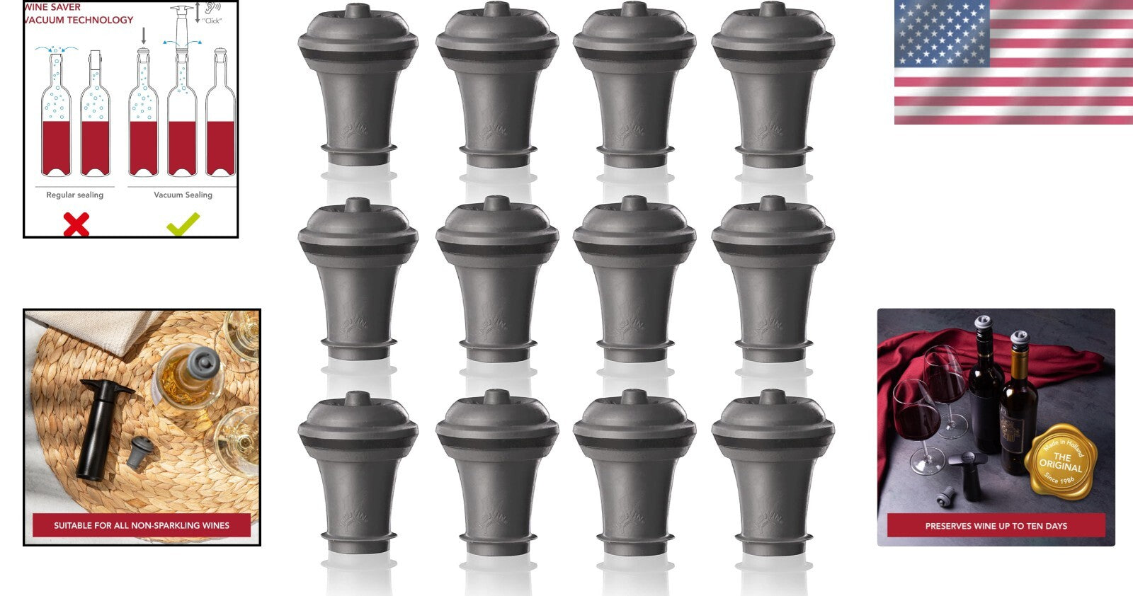 12 Extra Wine Stoppers for Vacuum Storage - Keeps Wine Fresh Up to 2 Weeks
