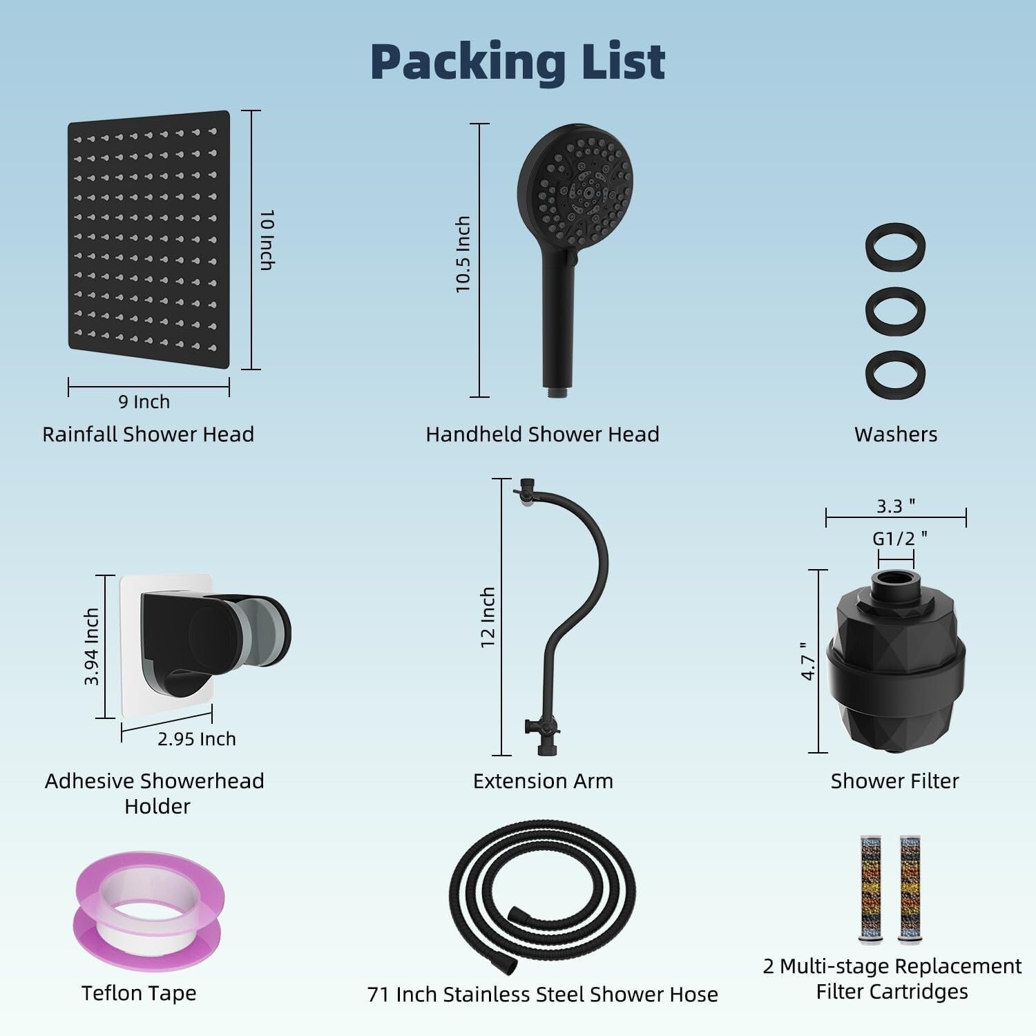 High Pressure 10-Spray Matte Black Shower Head with Adjustable Extension Arm