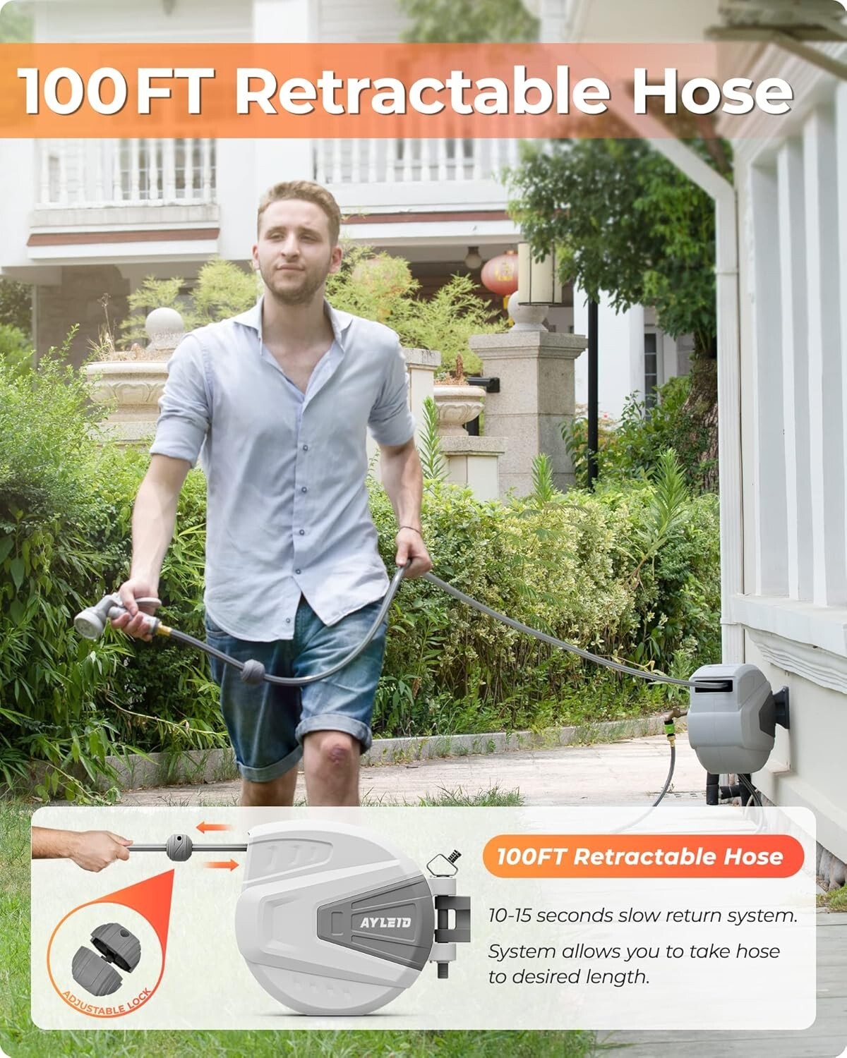 Retractable Wall-Mounted Hose Reel: 100ft with 9-Function Spray Nozzle