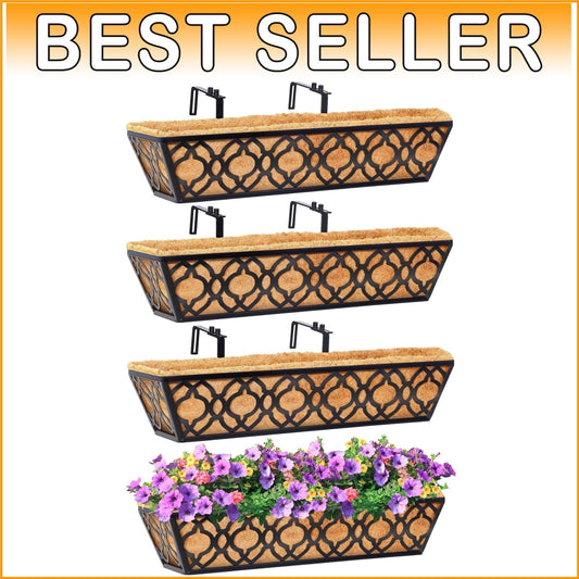 Durable 24 Inch Railing Planters - Black Metal with Coconut Coir Liners (4 Pack)
