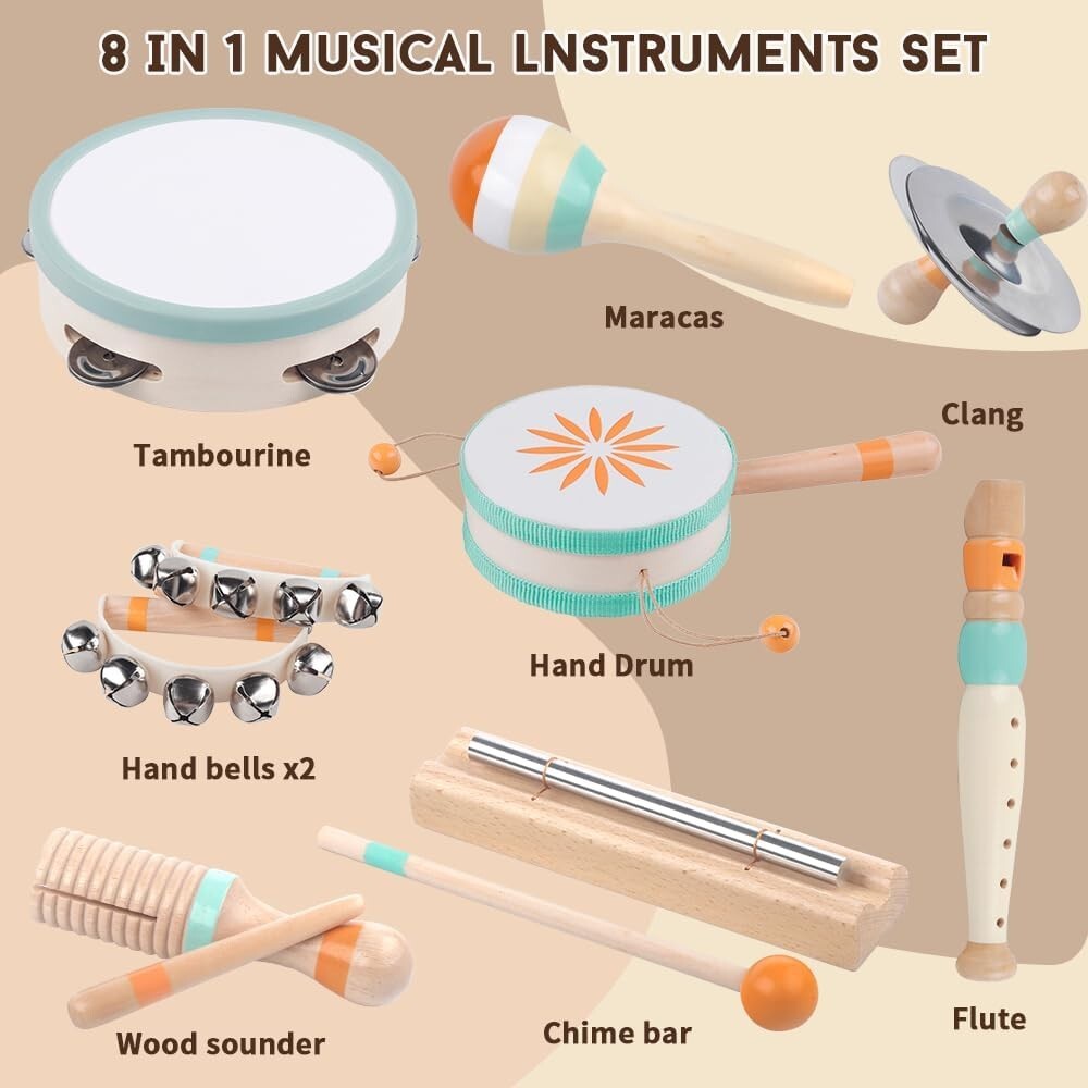 Delightful 8 in 1 Wooden Musical Instruments for 1-3 Year Olds - Gift Ready