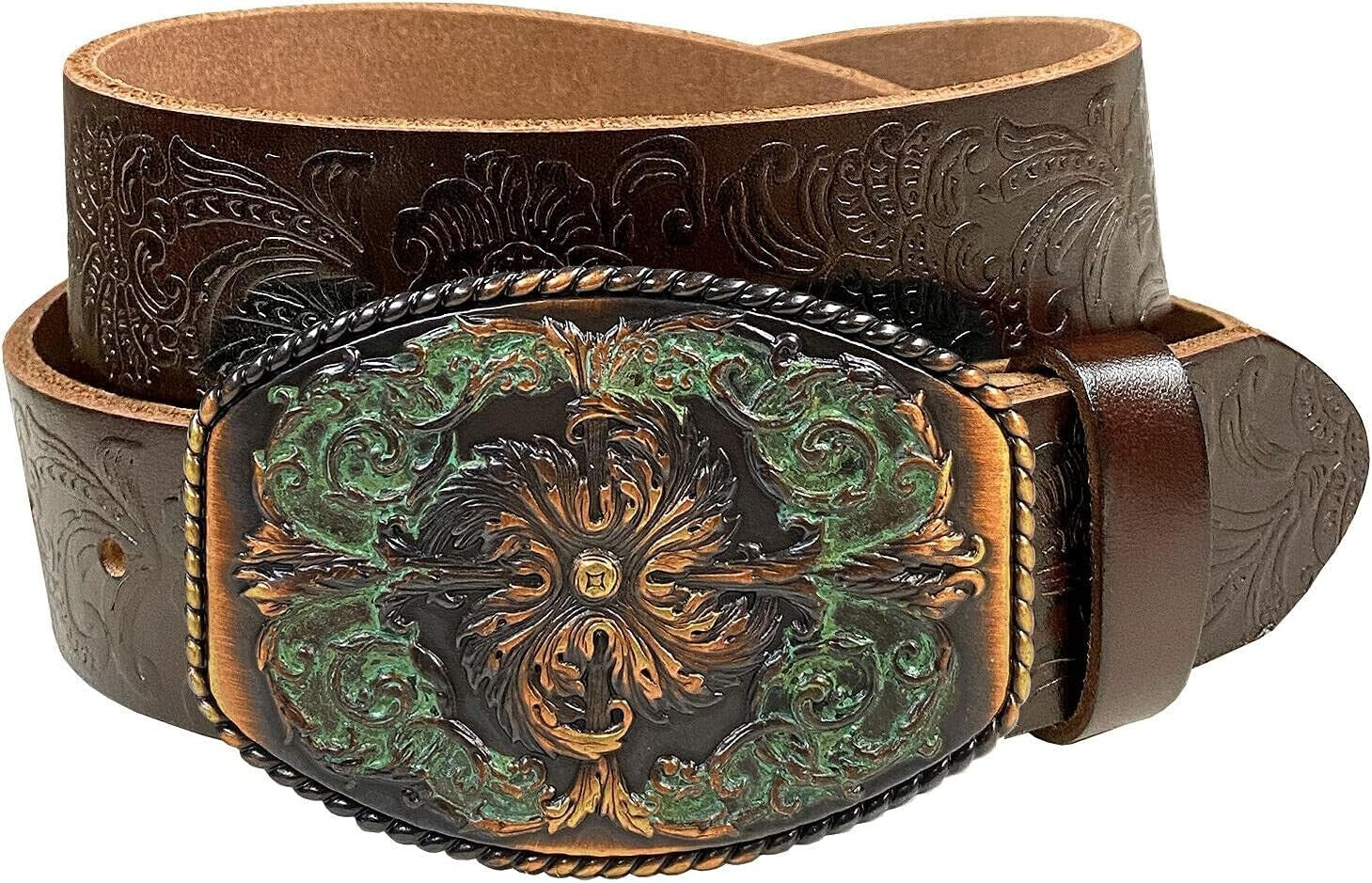 Custom Fit Western Leather Jean Belt with Floral Engraved Buckle – 3 Colors