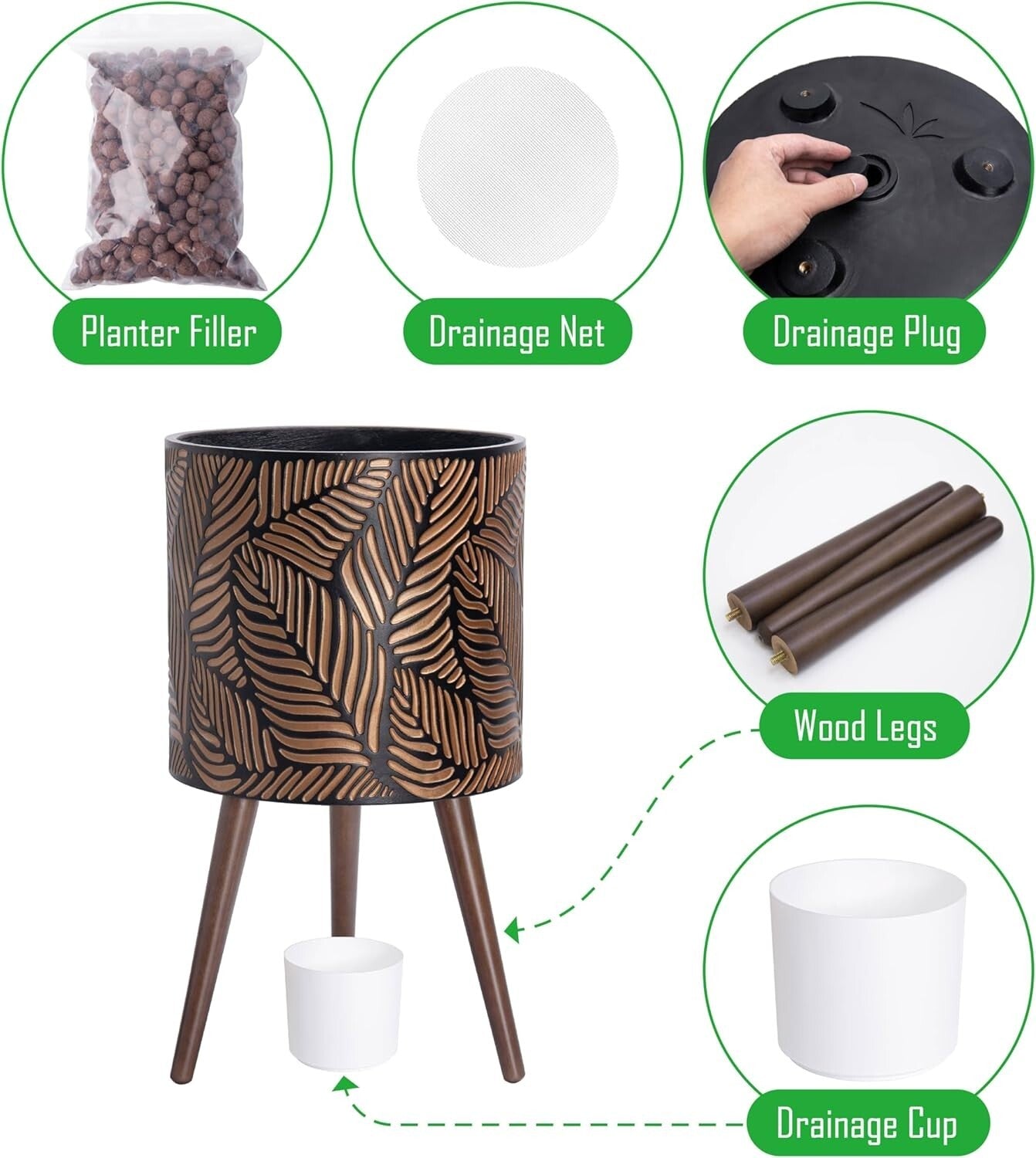 X-Large Handcrafted Planter Pot with Stylish Wooden Stand - 7 Gallon Capacity