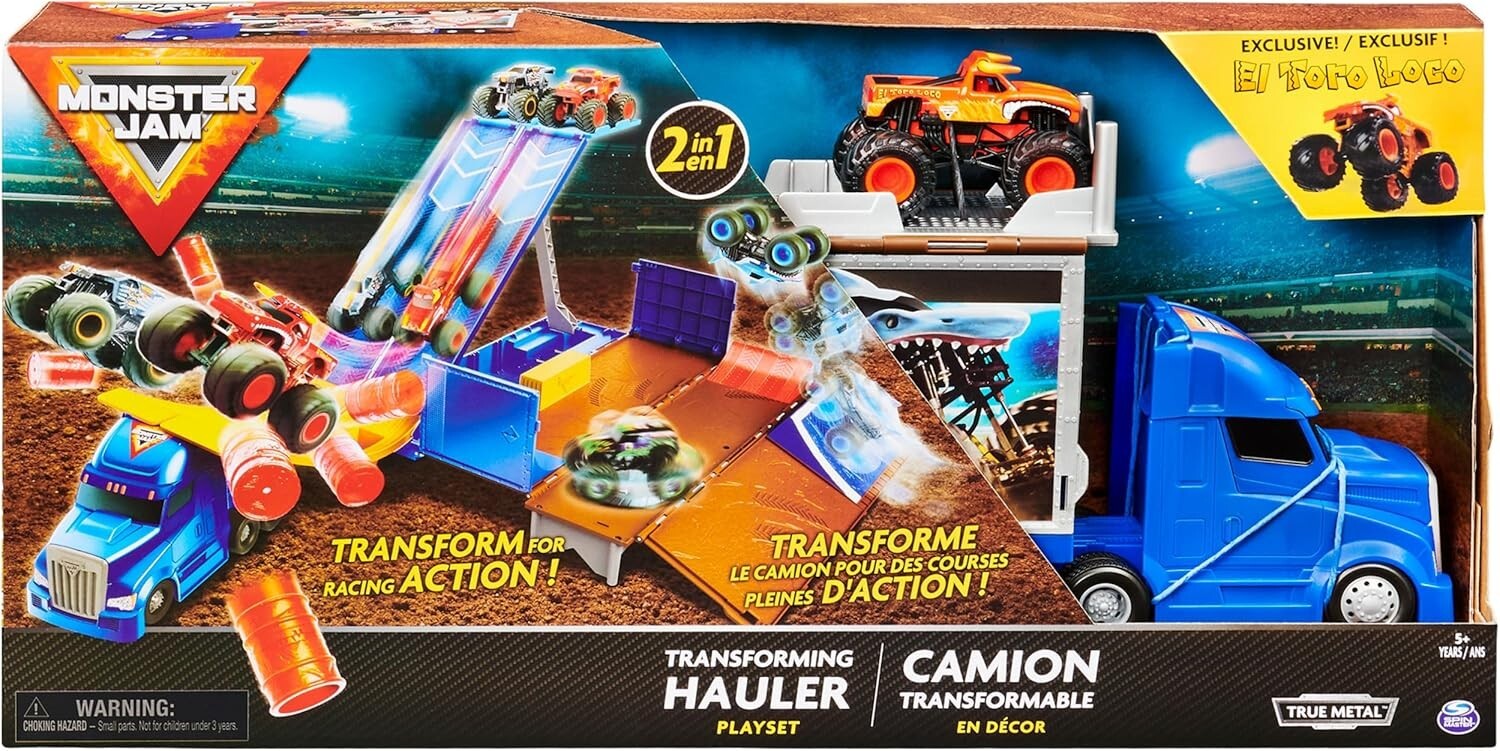 Exclusive El Toro Loco Monster Truck and Transforming Hauler Playset for Ages 4+