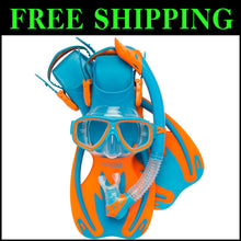 Load image into Gallery viewer, Blue/Orange Rocks Kids Snorkel Gear - Complete Mask, Fins &amp; Splash Guard Snorkel