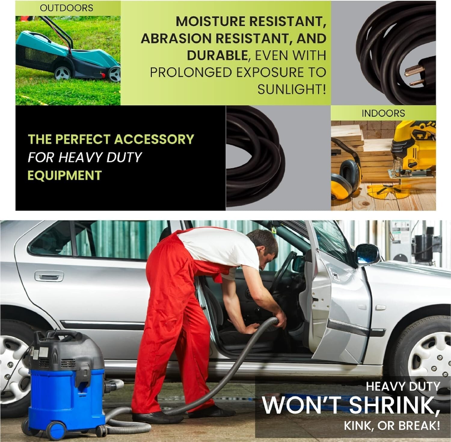 Moisture Resistant 100ft Black Extension Cord - 13A, 125V for Outdoor Tools