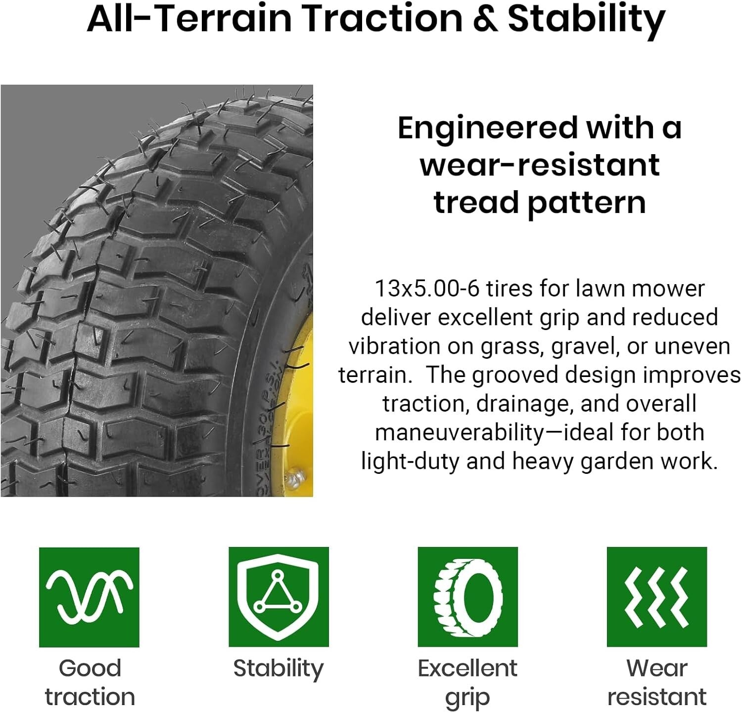 Heavy-Duty Tubeless Lawn Mower Tire & Wheel Assembly 2-Pack - 13" Diameter