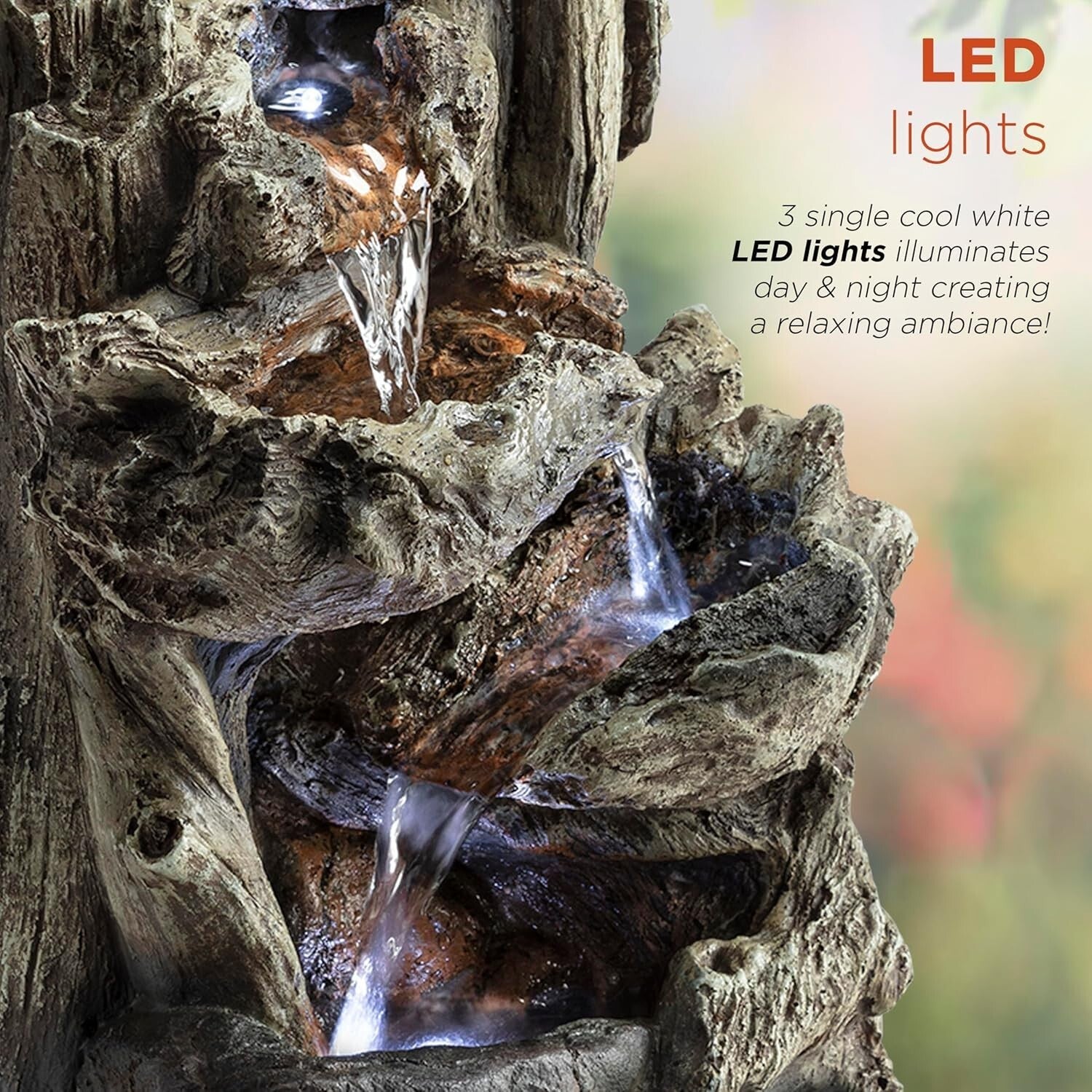 Compact 14" Tall Log Fountain with Cascading Water & LED for Indoor Serenity