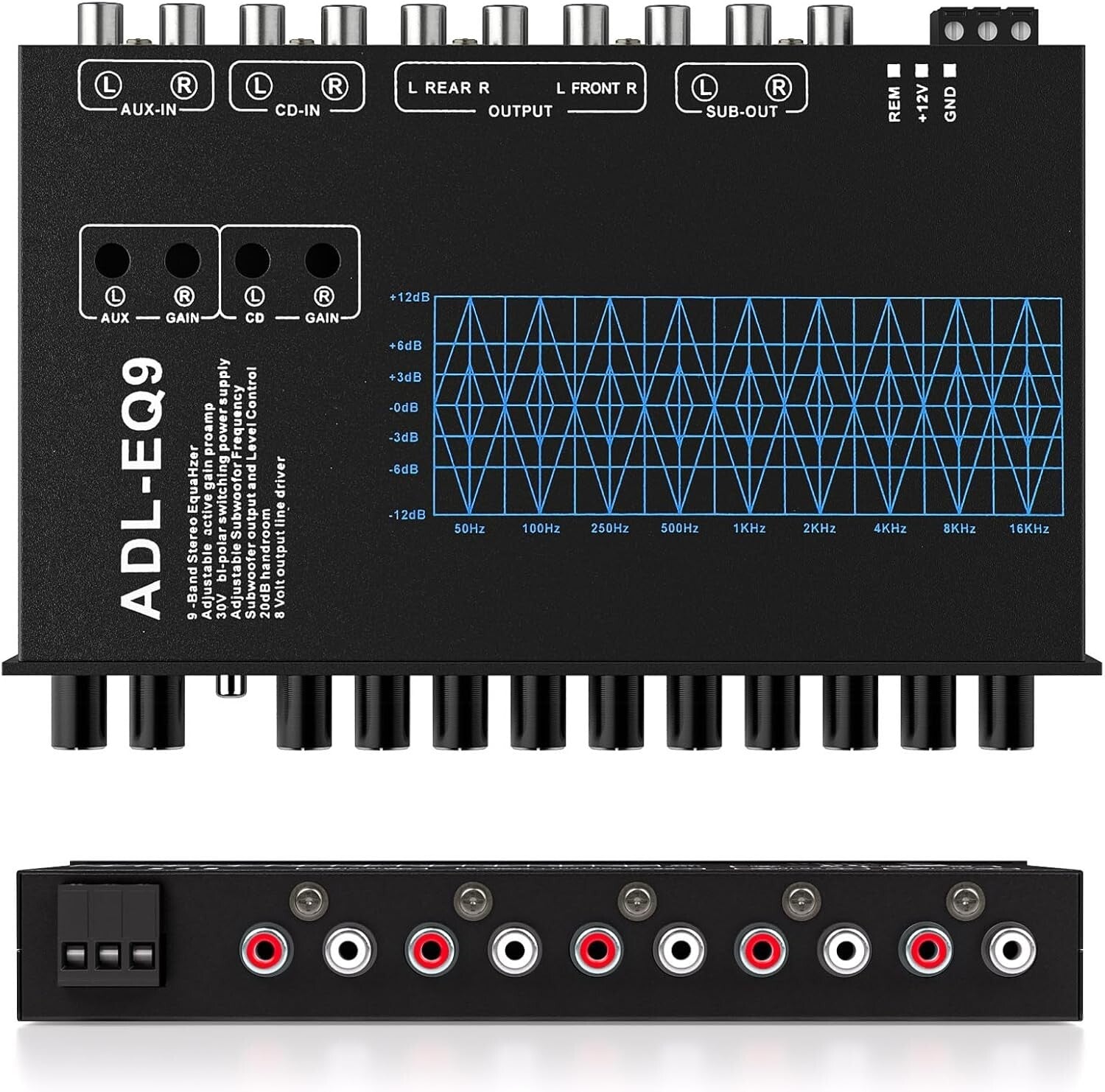Adjustable 9-Band Car Equalizer with CD/AUX Input & White Light Illumination