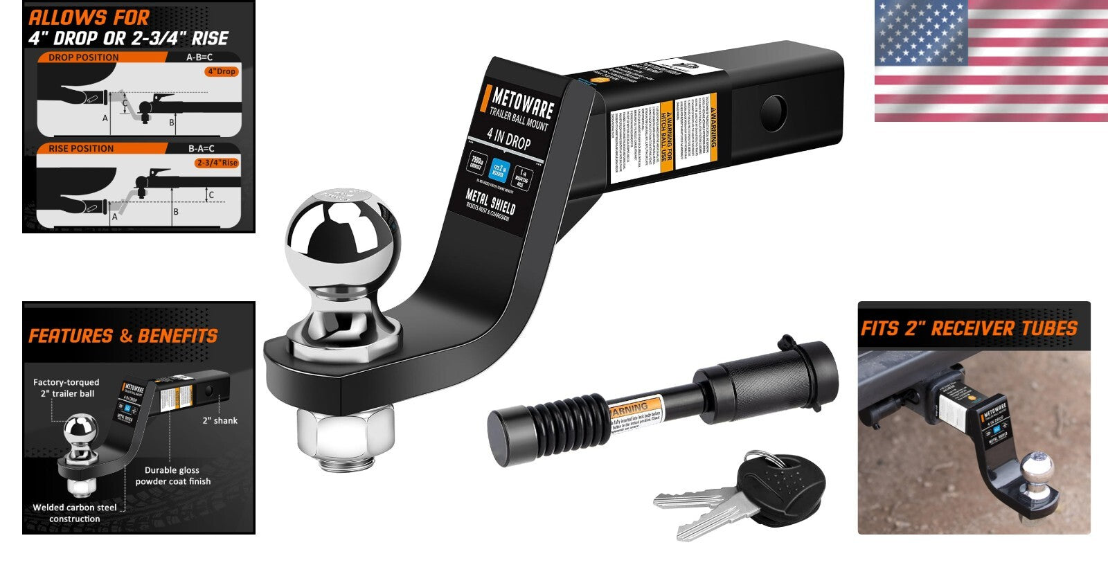 Easy-Install 4-Inch Drop Hitch with Attached 2-Inch Ball & Lock - Black Finish