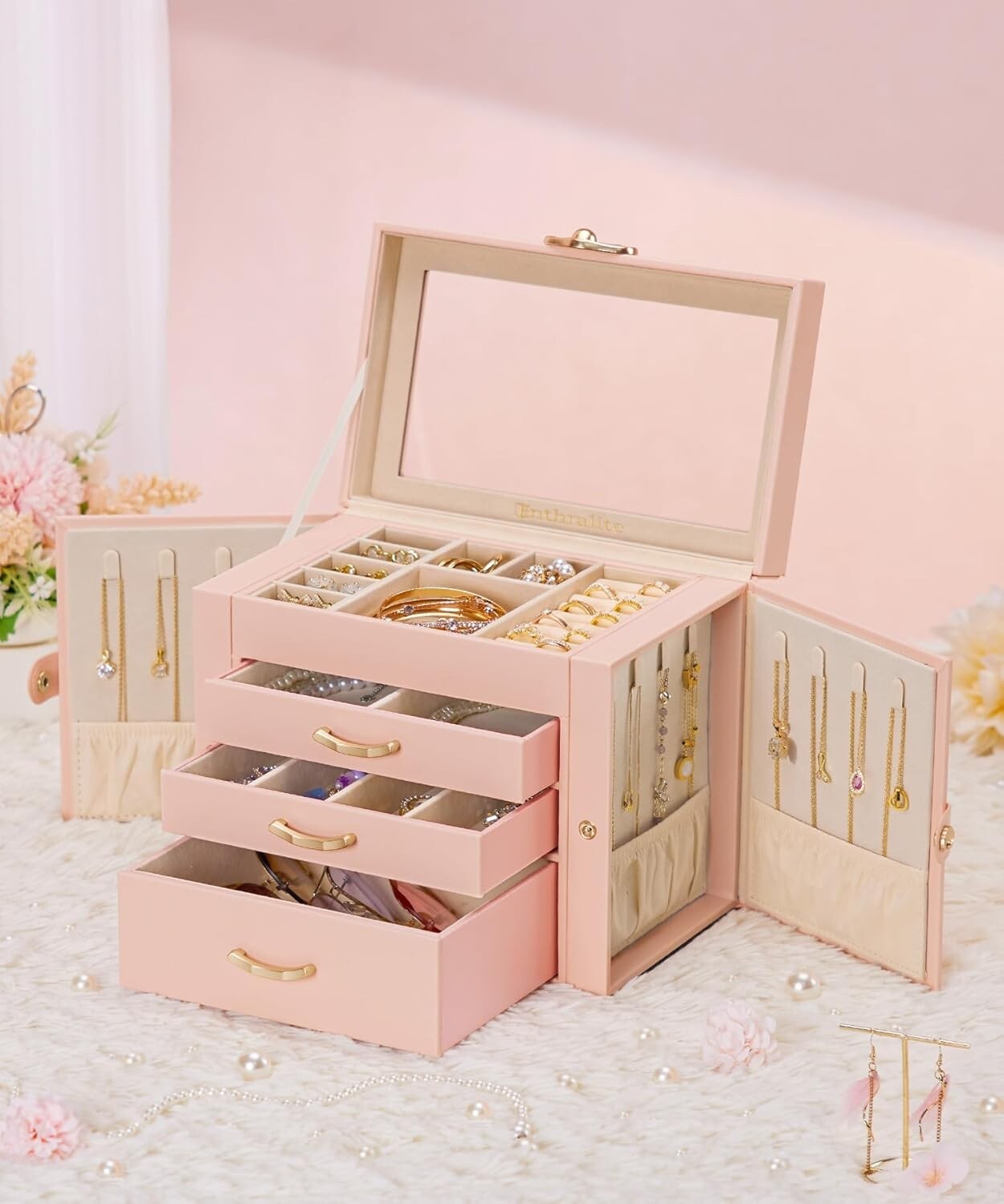 Elegant 3-Drawer Jewelry Holder in Peach Pink – Perfect Gift for All Occasions