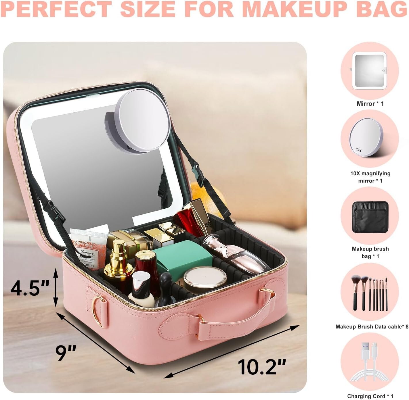 Elegant Travel Makeup Case with LED Mirror, 10X Magnifier & 8 Premium Brushes
