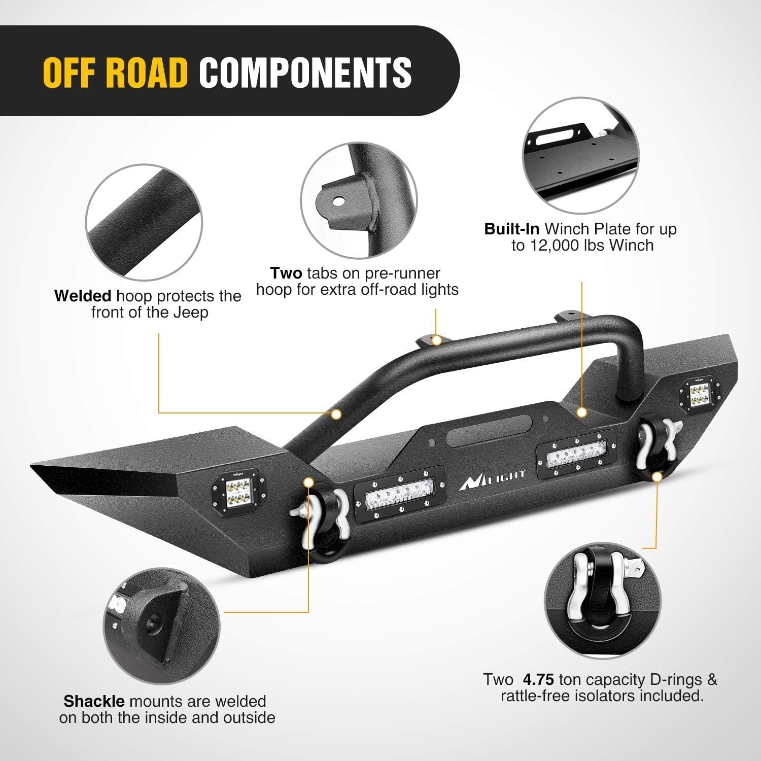 Durable Jeep Wrangler Front Bumper with Built-in LED Lights & D-ring Isolators