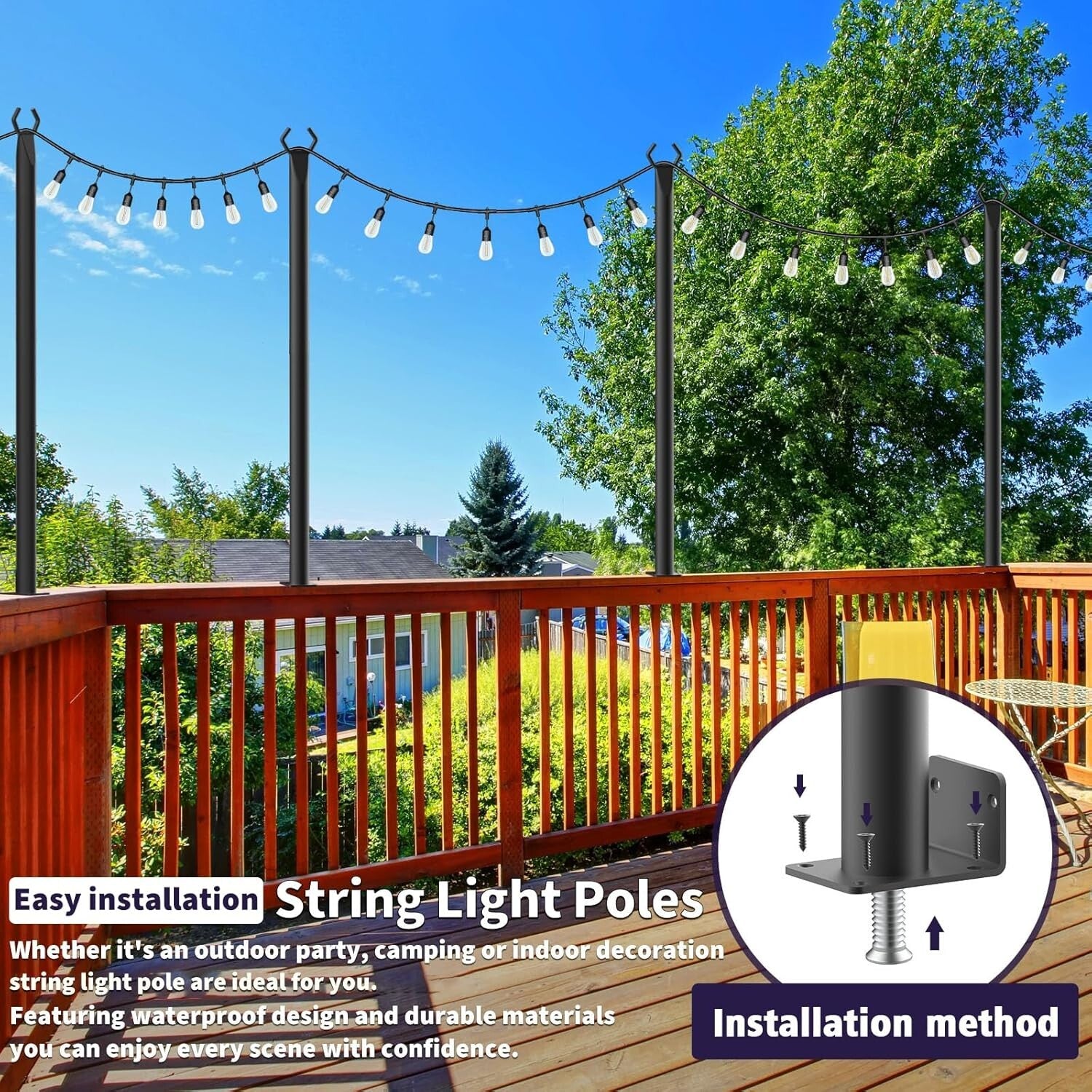 10 Pack Outdoor Hanging Light Poles - 5ft Metal Stakes for String Lights & Décor