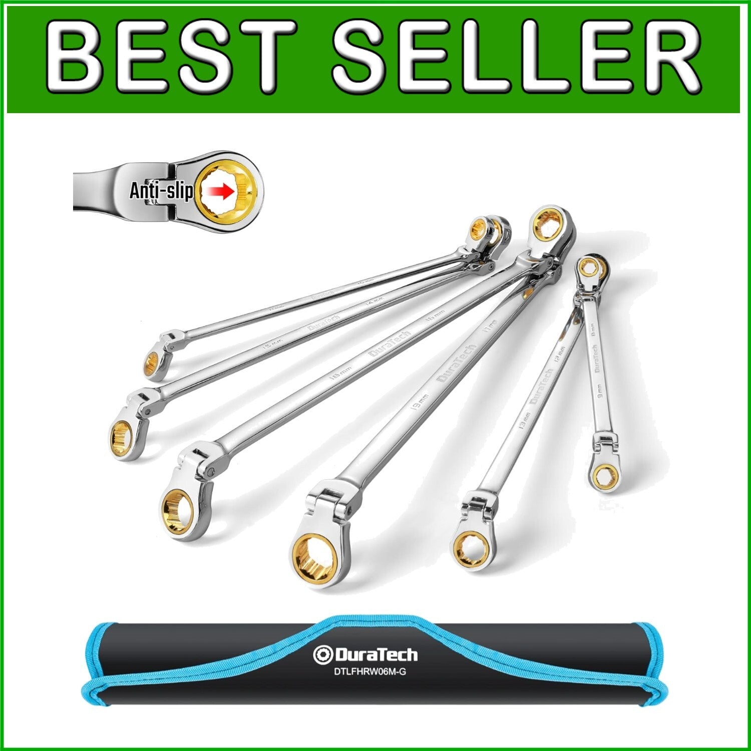 Extra Long Anti-Slip Flex-Head Ratcheting Wrench Set - 6-Piece Metric CR-V Steel
