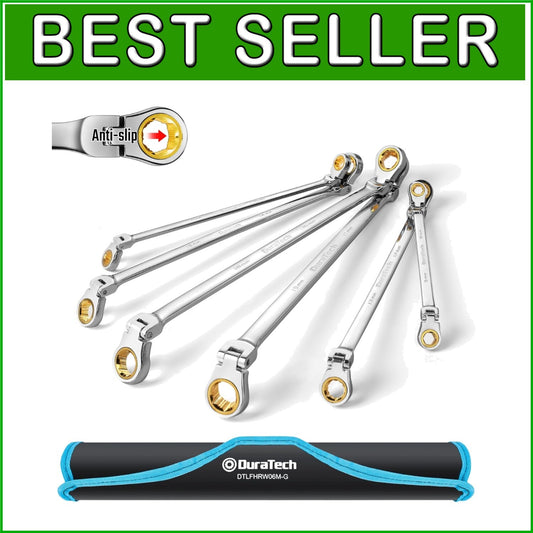 Extra Long Anti-Slip Flex-Head Ratcheting Wrench Set - 6-Piece Metric CR-V Steel