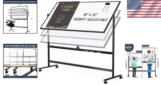 Versatile 48"x32" Reversible Dry Erase Whiteboard with Smooth Surface & Wheels