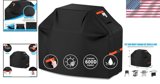 Premium Black BBQ Grill Cover 600D with Adjustable Straps - Weather Resistant