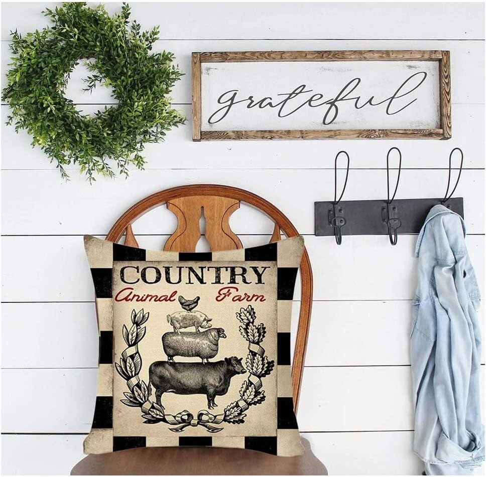 Cozy Farmhouse Throw Pillow Covers 18x18 Set of 4 - Sheep, Chicken, Cow