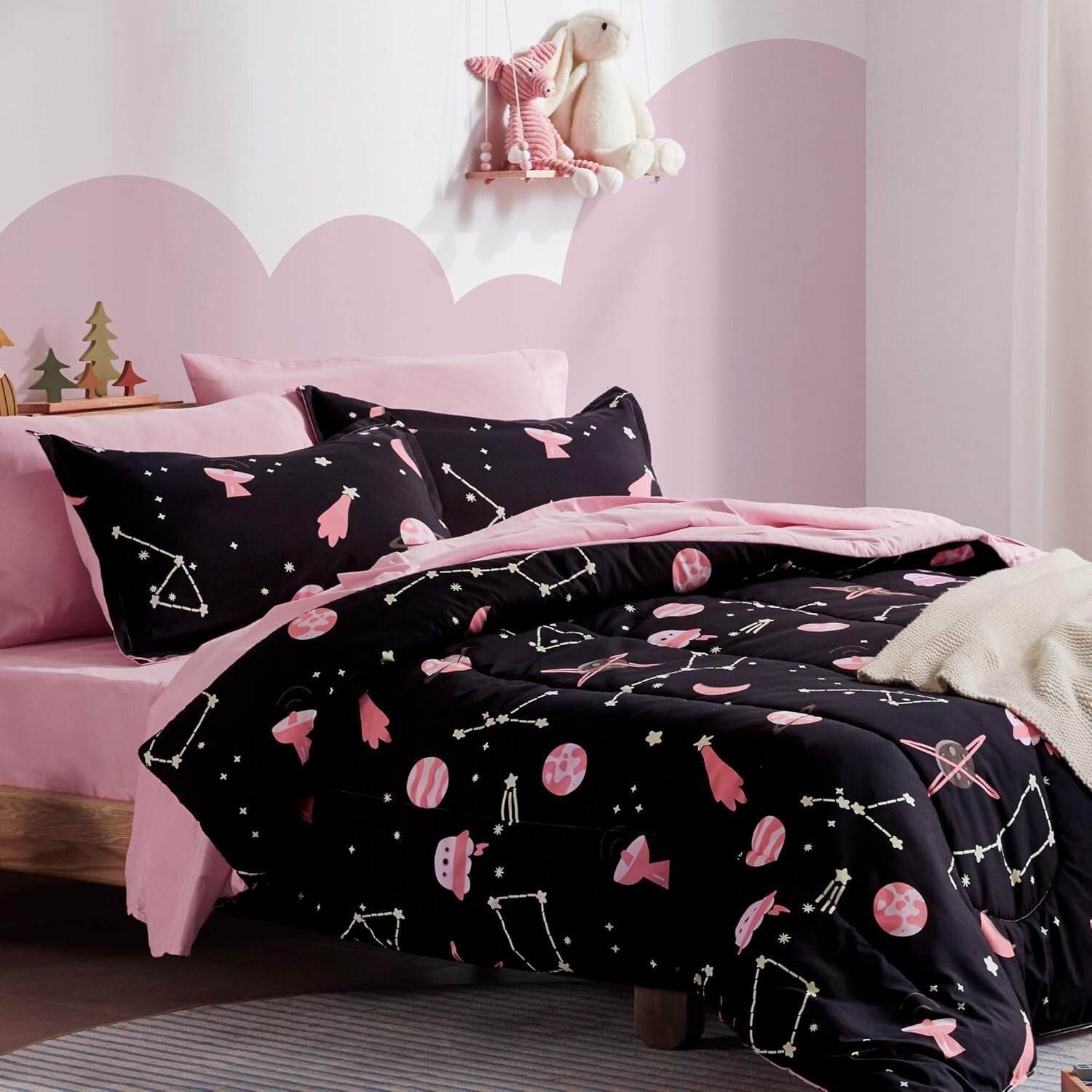 Cute Pink Galaxy Kids Twin Bedding Comforter Set - 5-Piece Ultra-Soft Collection