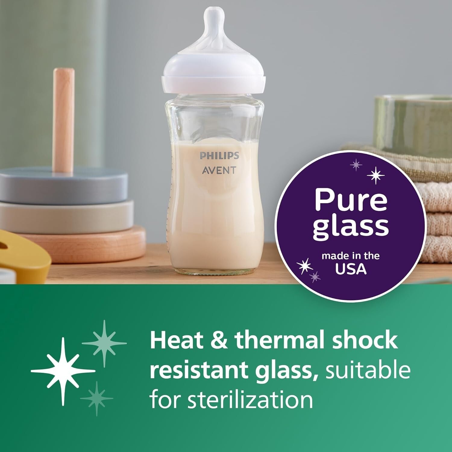 Premium Philips 8oz Glass Baby Bottles - Flow 3 Natural Response Nipples, 4-Pack