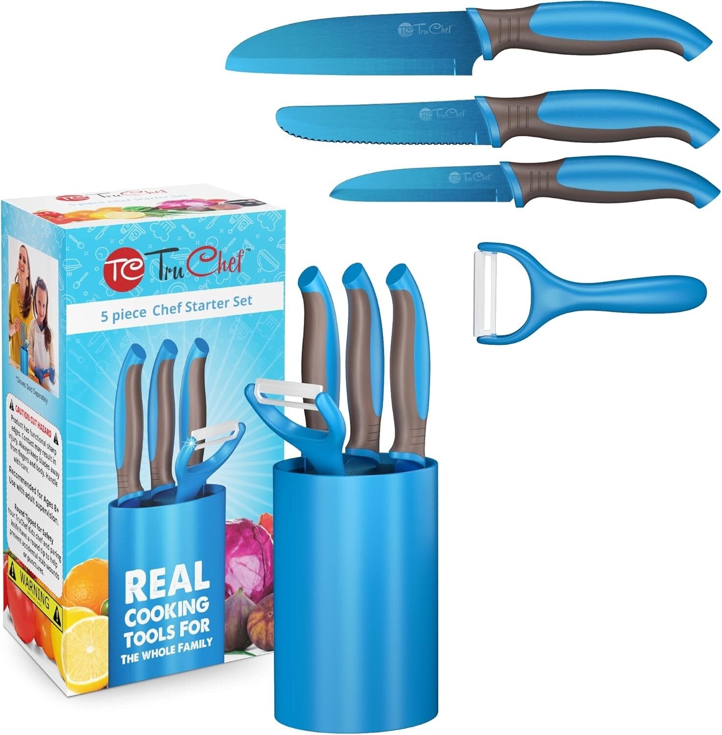 5-Piece Kids Cooking Set: Safe Blue Knives, Peeler & Holder for Young Chefs