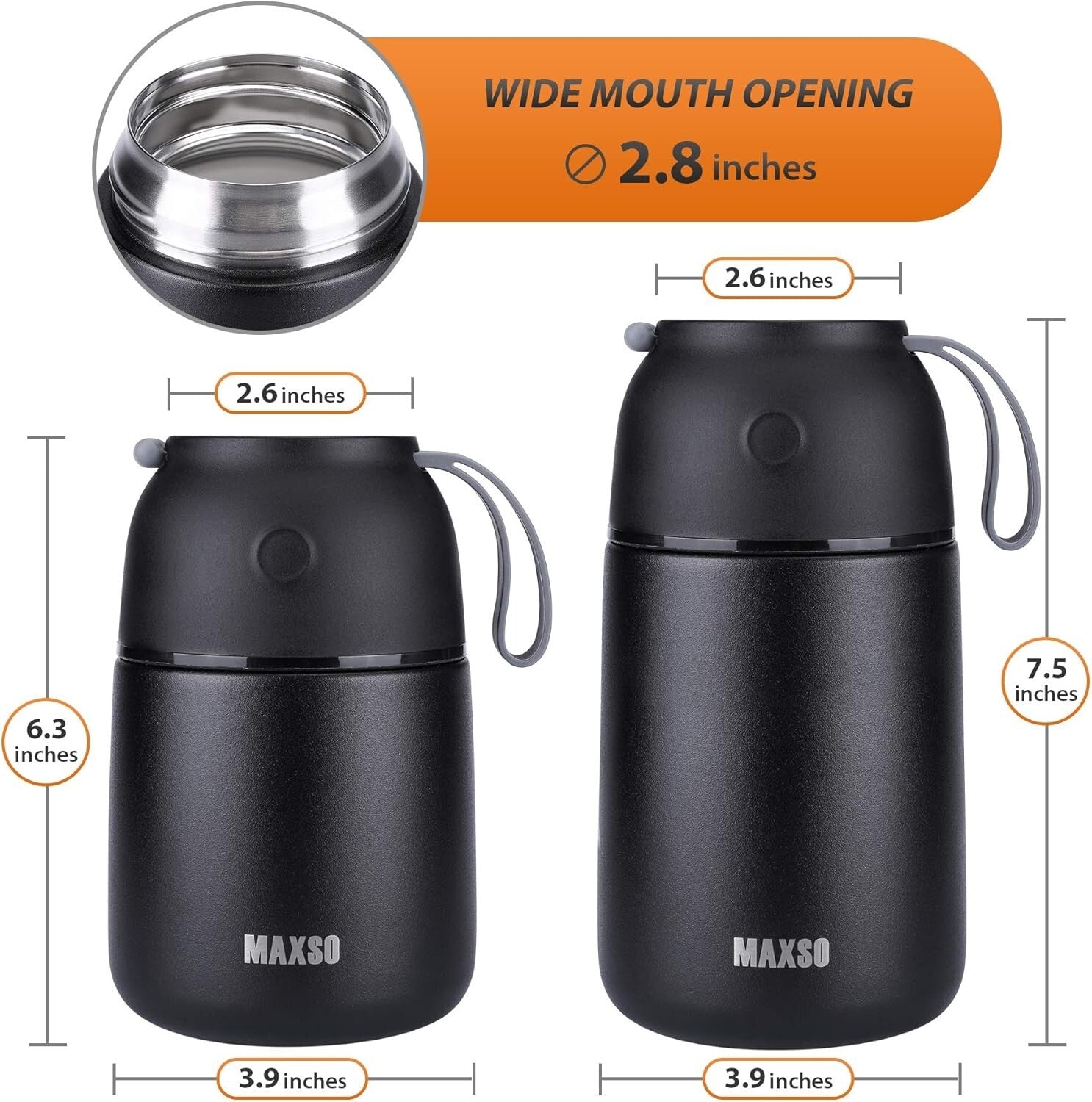 2-Pack Vacuum Insulated Food Jars - Black Thermal Lunch Containers for Travel