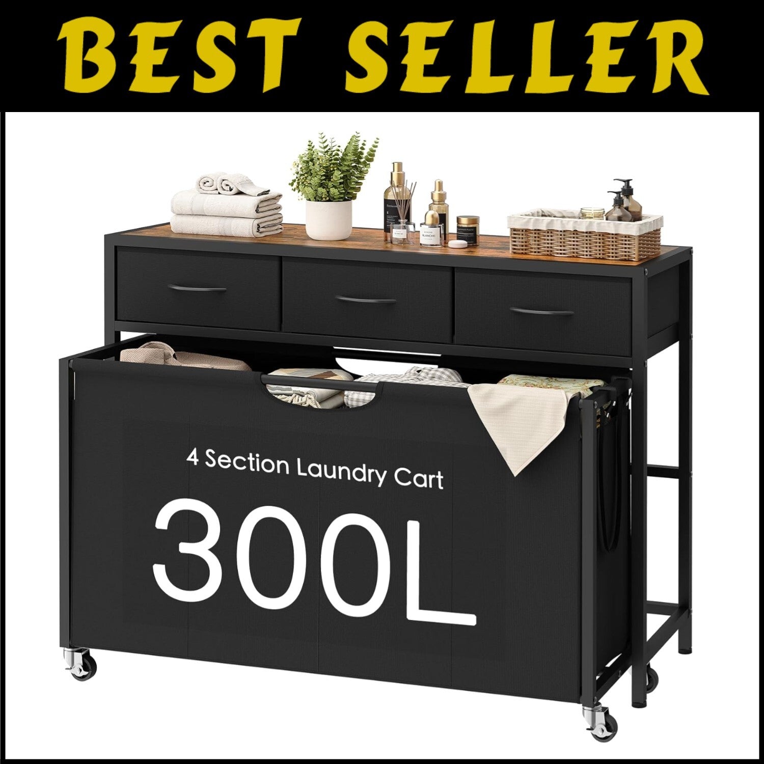 Multi-Functional 300L Laundry Basket with Rolling Design & Sturdy Tabletop