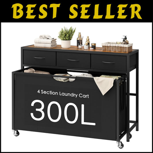 Multi-Functional 300L Laundry Basket with Rolling Design & Sturdy Tabletop