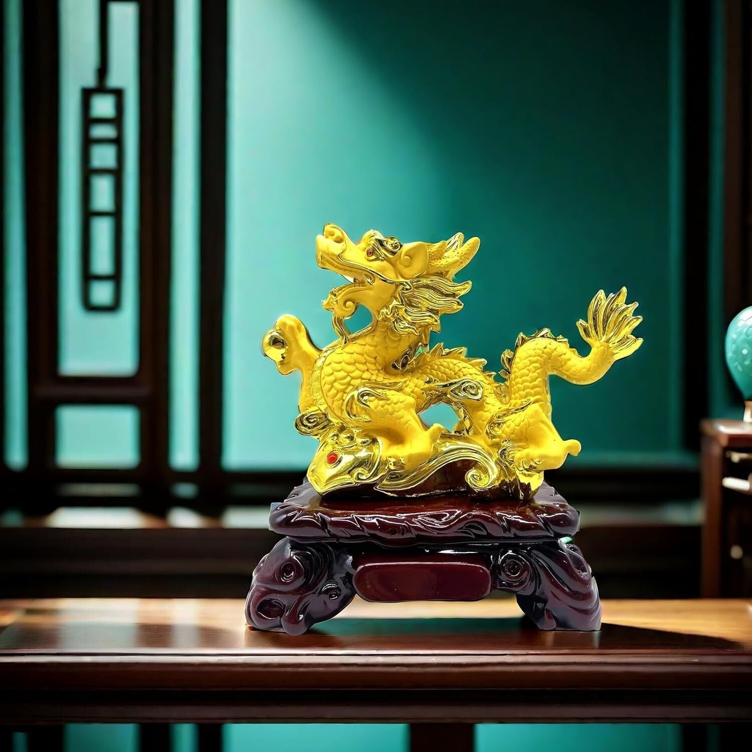 Gold Feng Shui Dragon Statue | 7.7 x 4 x 8 in | Good Luck Decor at Home & Office