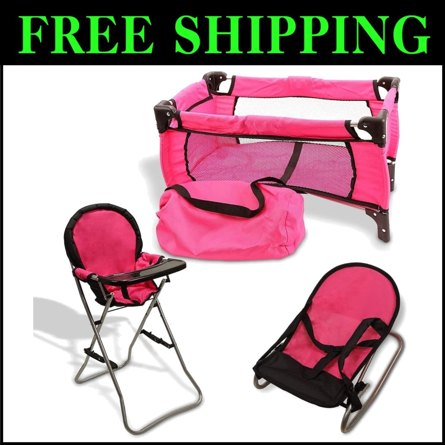 3-in-1 Pink Baby Doll Accessories Set - Crib, Bouncer & High Chair for 18" Dolls