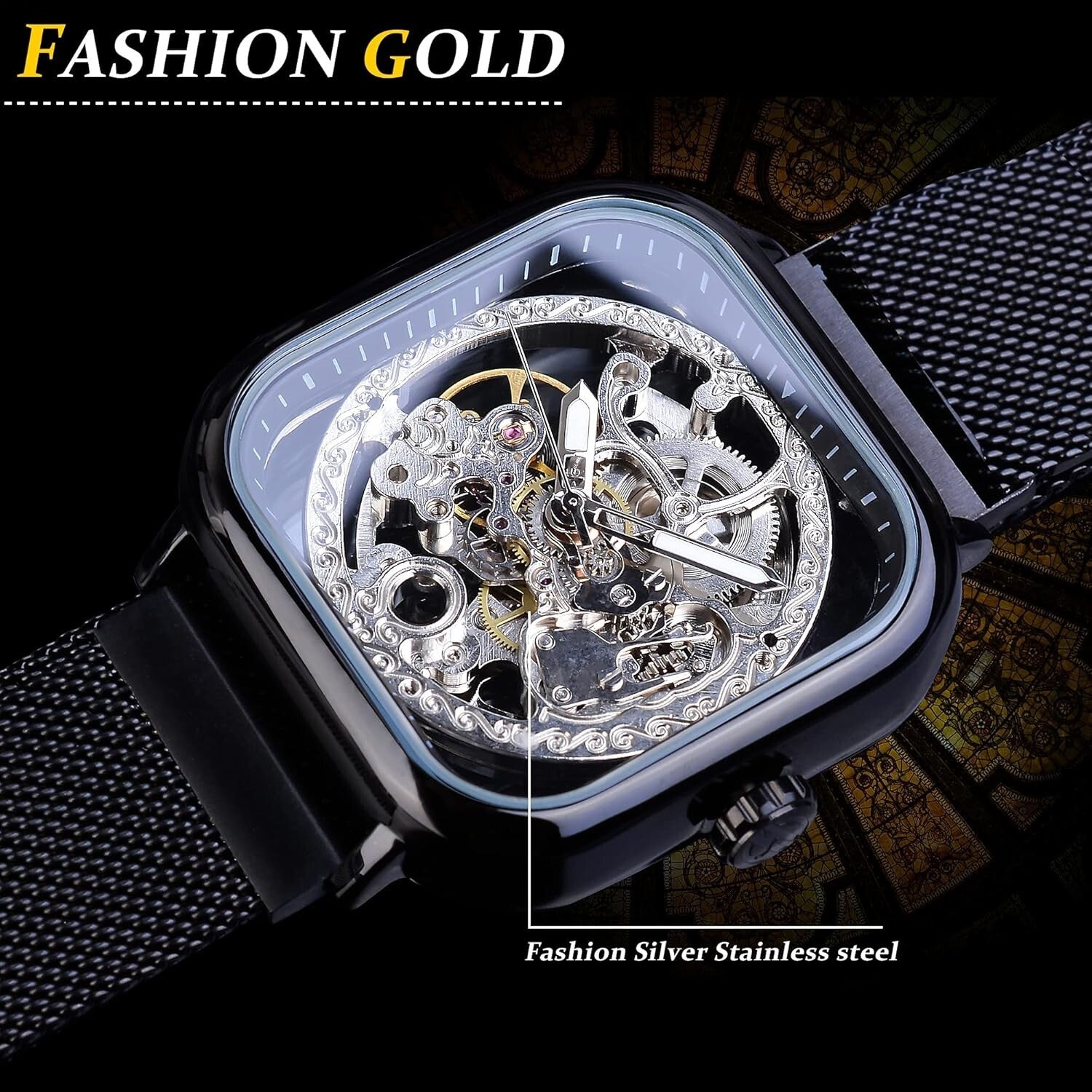 Elegant Men's Skeleton Wristwatch with Flower Movement Carving & Stainless Steel