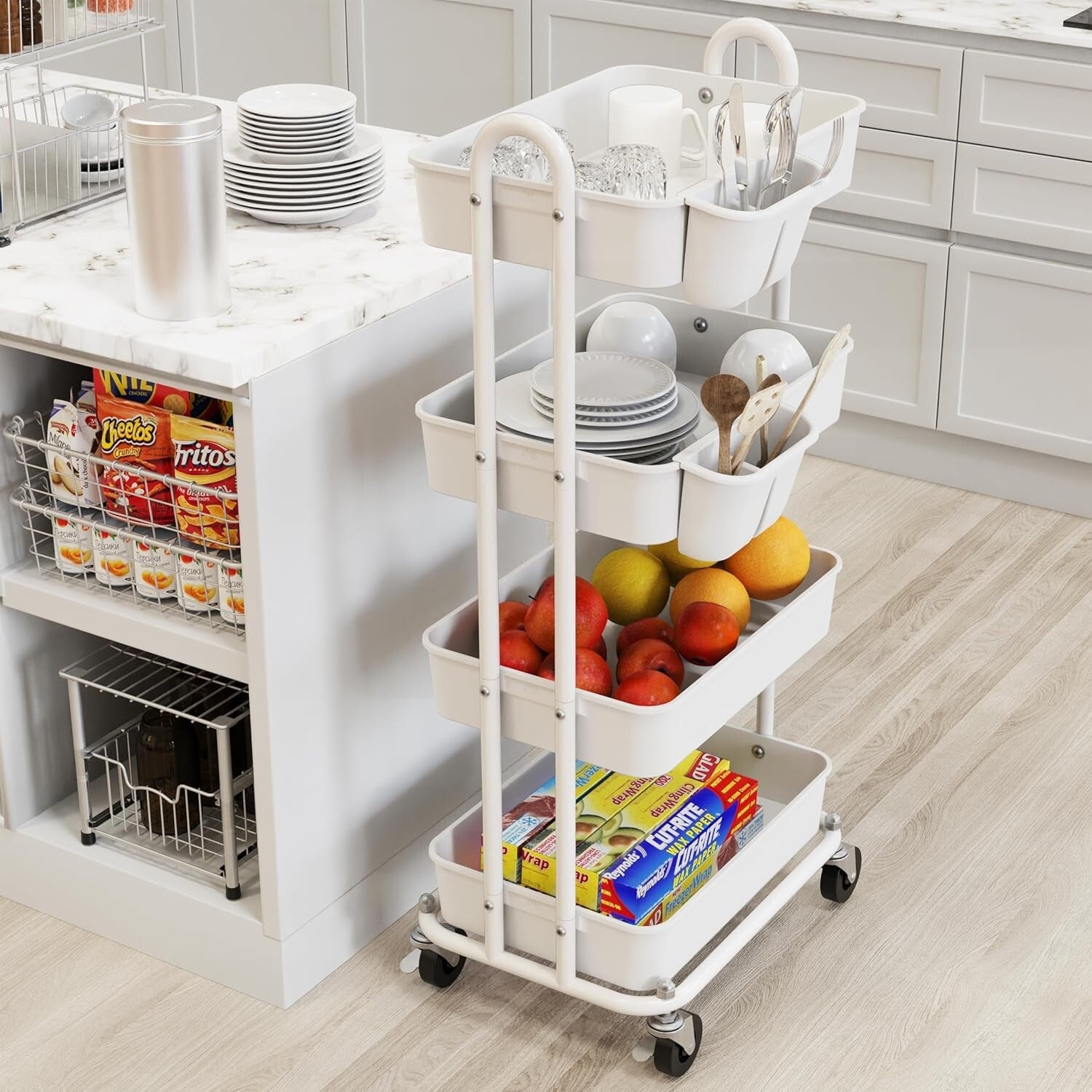 4-Tier Rolling Utility Cart with Hanging Buckets for Stylish Organization